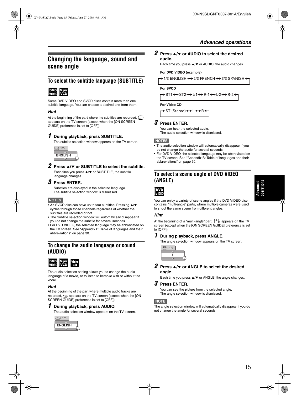 Changing the language, sound and scene angle, Advanced operations | JVC XV-N3SL User Manual | Page 17 / 36