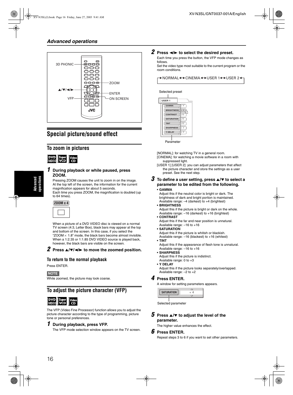 Special picture/sound effect, Advanced operations | JVC XV-N3SL User Manual | Page 18 / 36