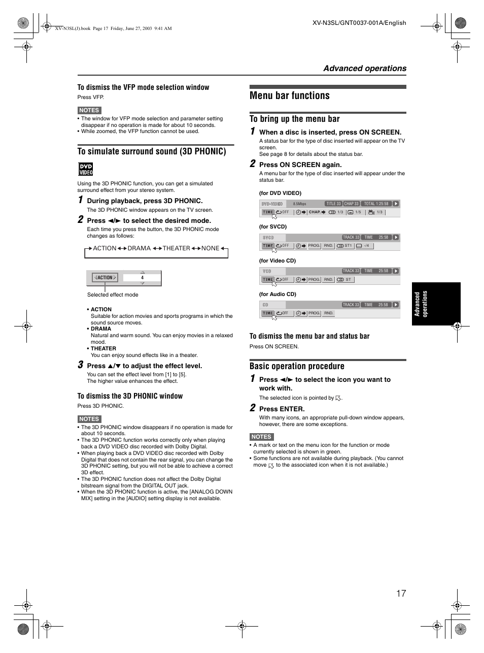 Menu bar functions, Basic operation procedure, Advanced operations | JVC XV-N3SL User Manual | Page 19 / 36