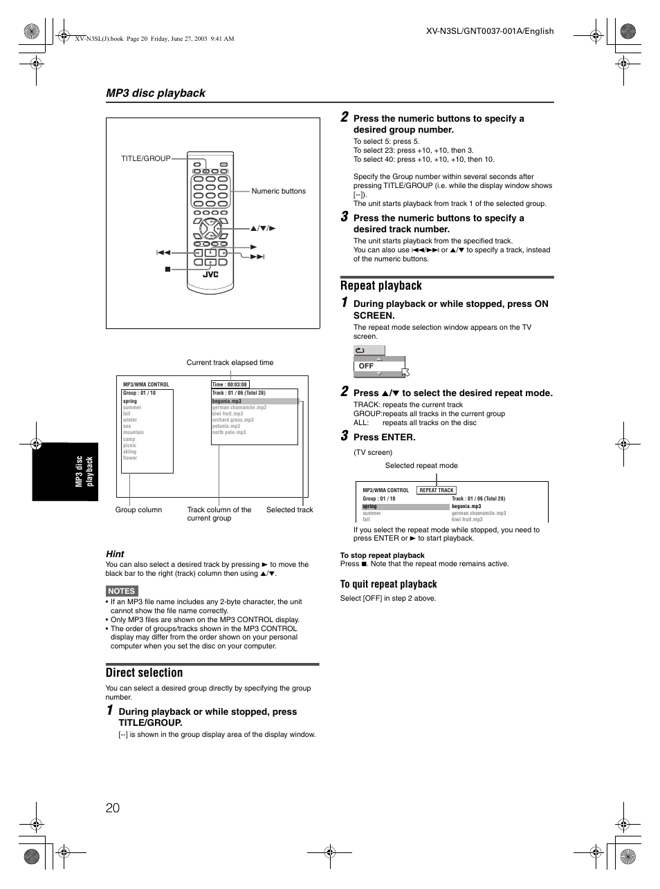 Direct selection, Repeat playback, Mp3 disc playback | JVC XV-N3SL User Manual | Page 22 / 36