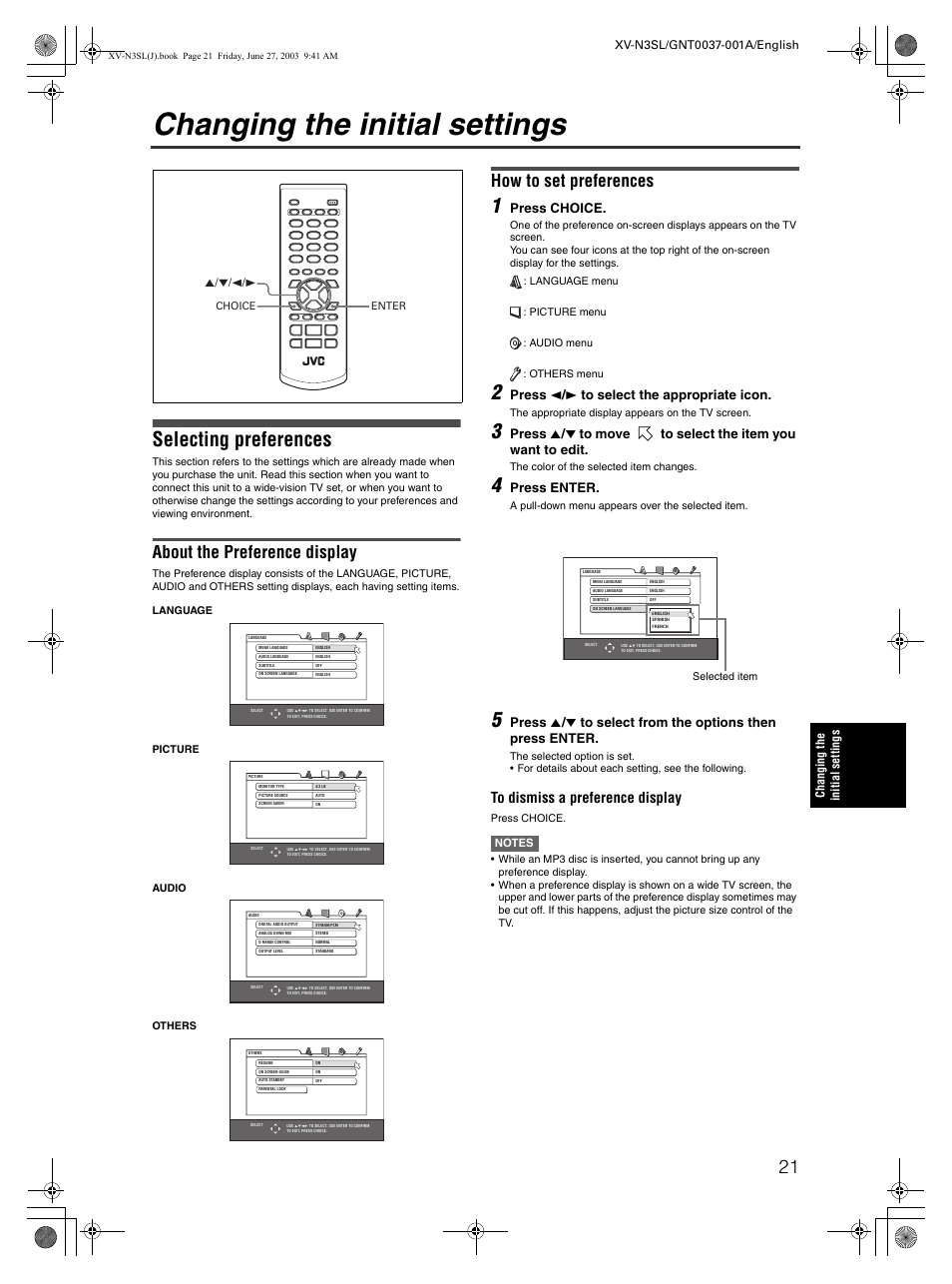 Changing the initial settings, Selecting preferences, About the preference display | How to set preferences, Press choice, Press 2 / 3 to select the appropriate icon, Press enter | JVC XV-N3SL User Manual | Page 23 / 36