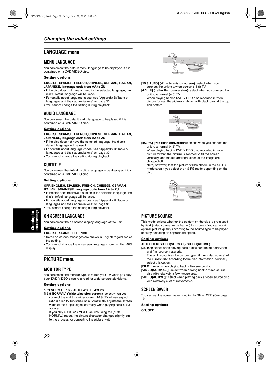 Language menu, Picture menu, Changing the initial settings | JVC XV-N3SL User Manual | Page 24 / 36