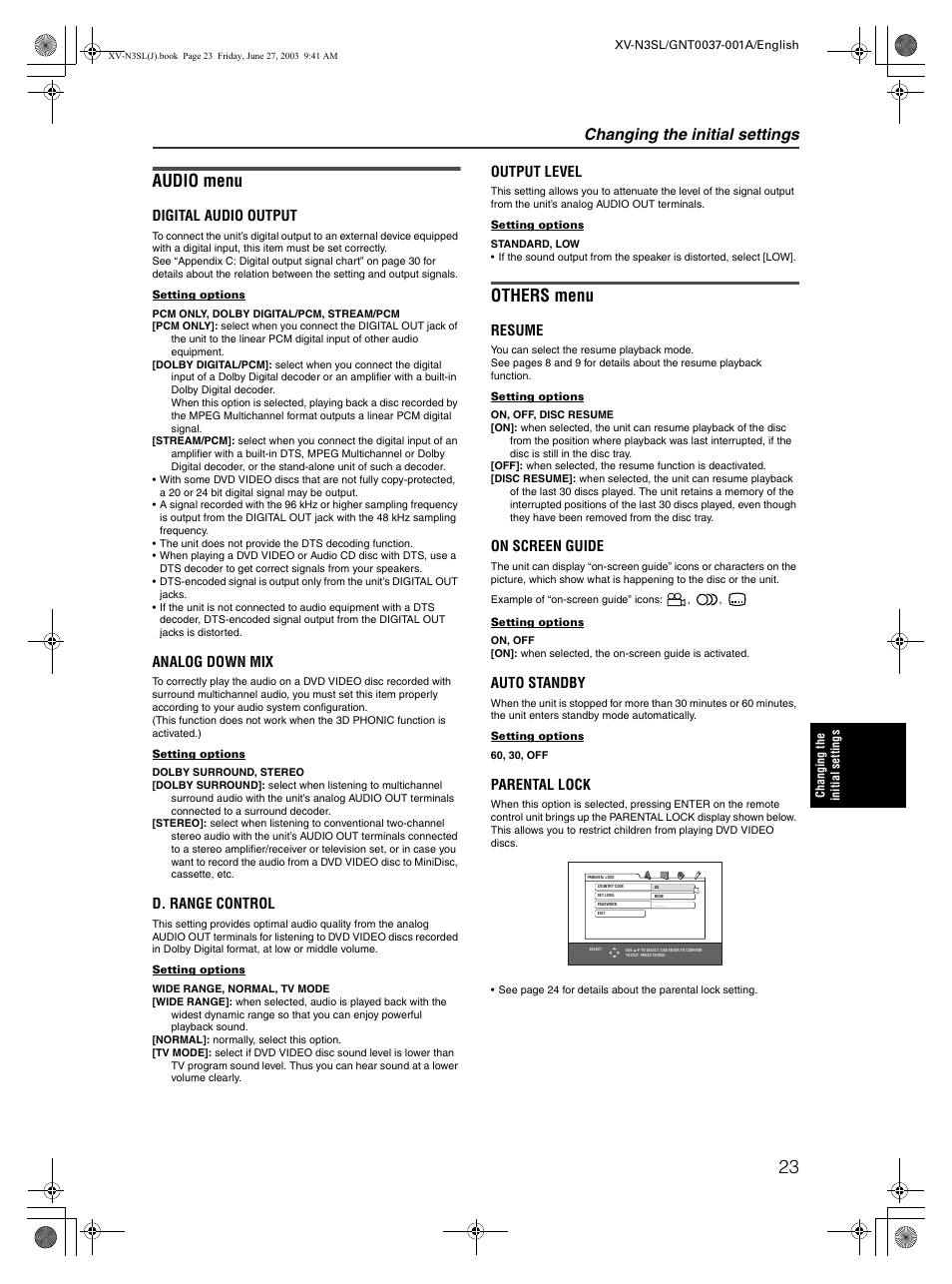 Audio menu, Others menu, Changing the initial settings | Digital audio output, Analog down mix, D. range control, Output level, Resume, On screen guide, Auto standby | JVC XV-N3SL User Manual | Page 25 / 36