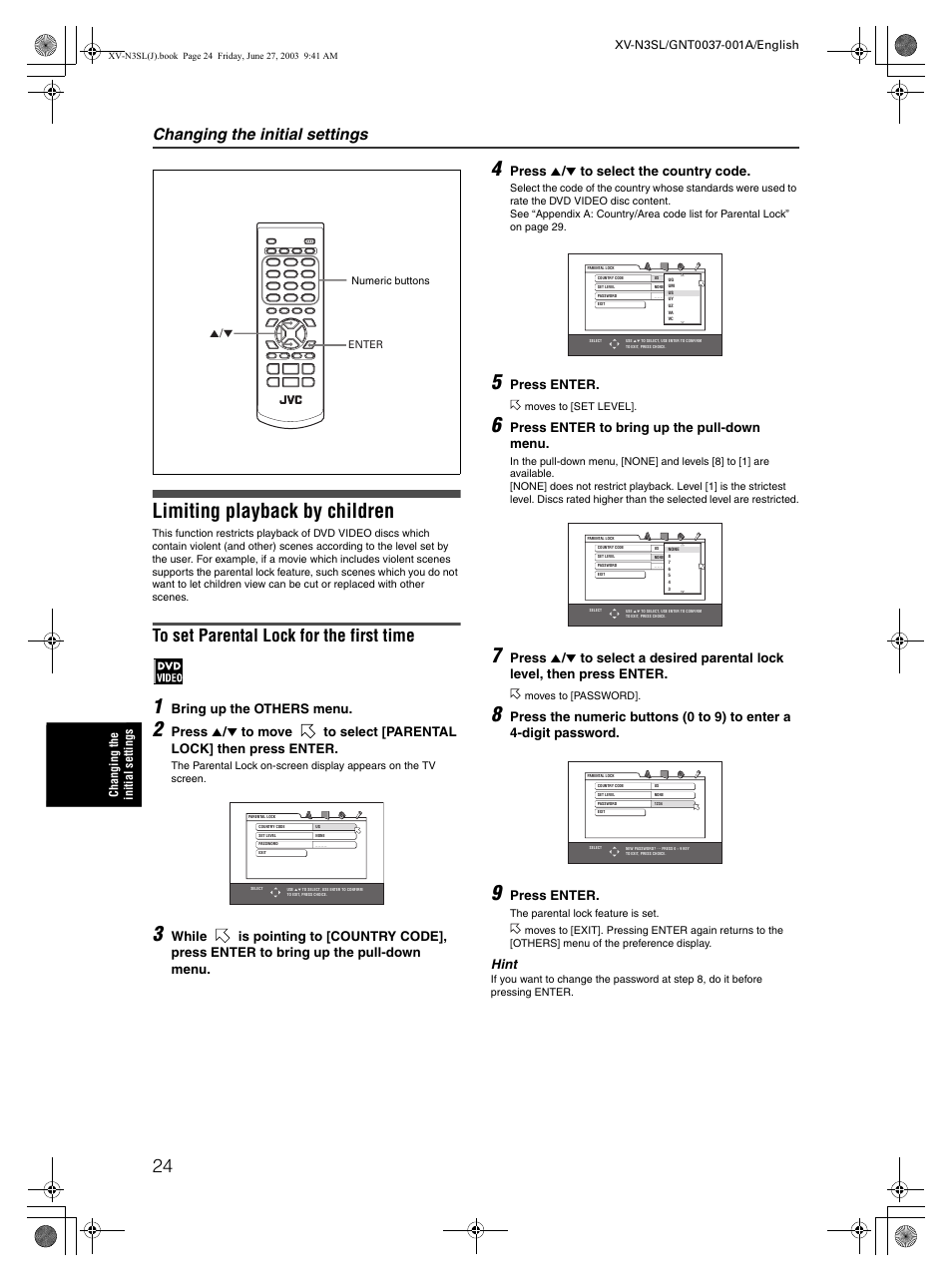 Limiting playback by children, Changing the initial settings, Bring up the others menu | Press 5 / ∞ to select the country code, Press enter, Press enter to bring up the pull-down menu, Hint | JVC XV-N3SL User Manual | Page 26 / 36