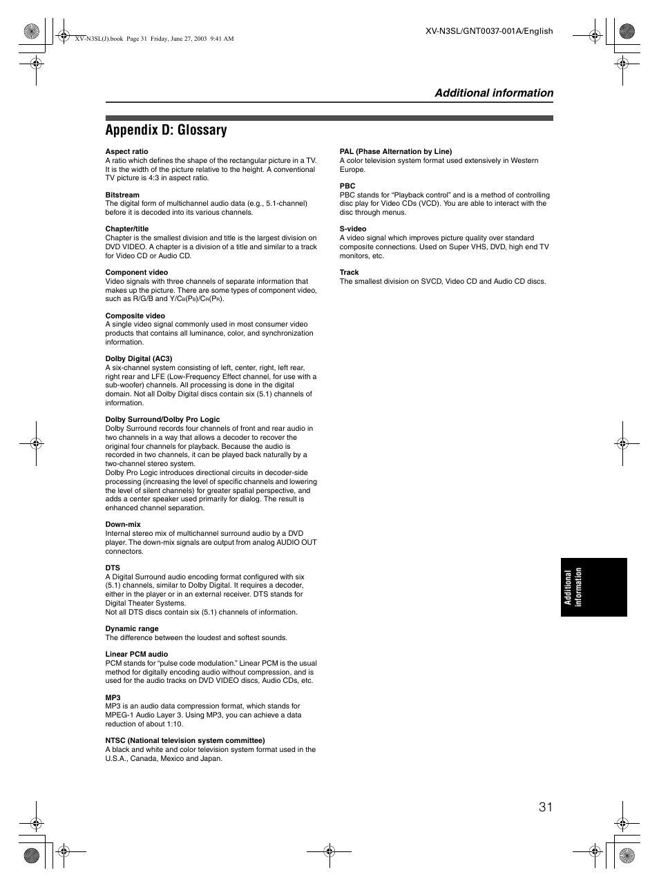 Appendix d: glossary, Additional information | JVC XV-N3SL User Manual | Page 33 / 36