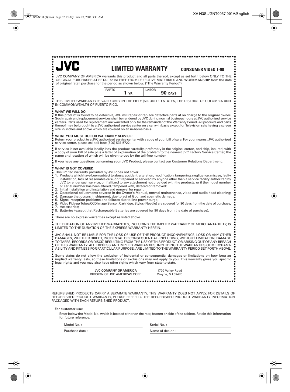 Limited warranty | JVC XV-N3SL User Manual | Page 34 / 36