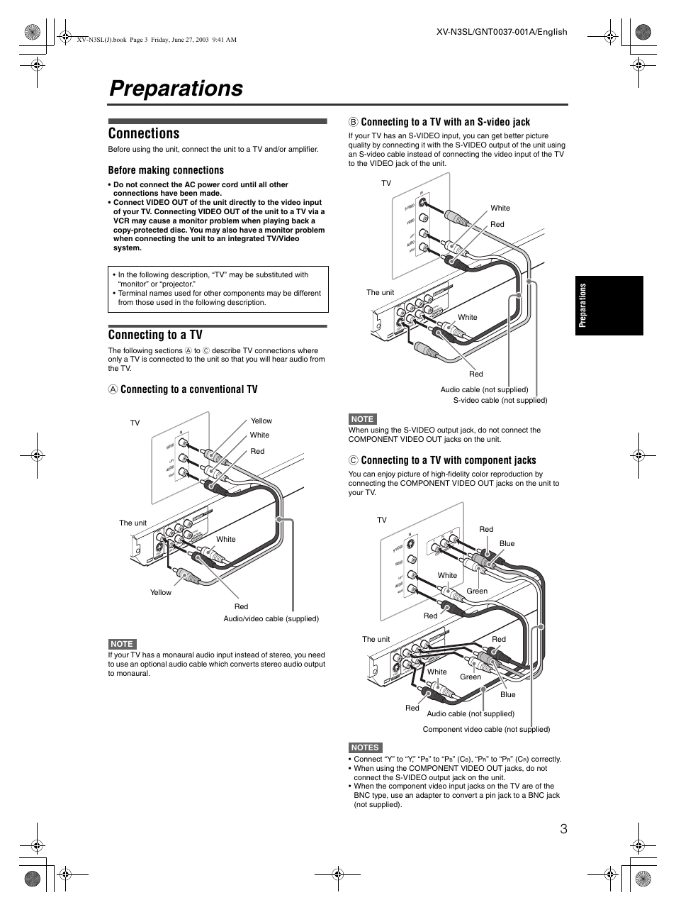 Preparations, Connections, Connecting to a tv | Before making connections, A connecting to a conventional tv, B connecting to a tv with an s-video jack, C connecting to a tv with component jacks, Connect “y” to “y,” “p | JVC XV-N3SL User Manual | Page 5 / 36