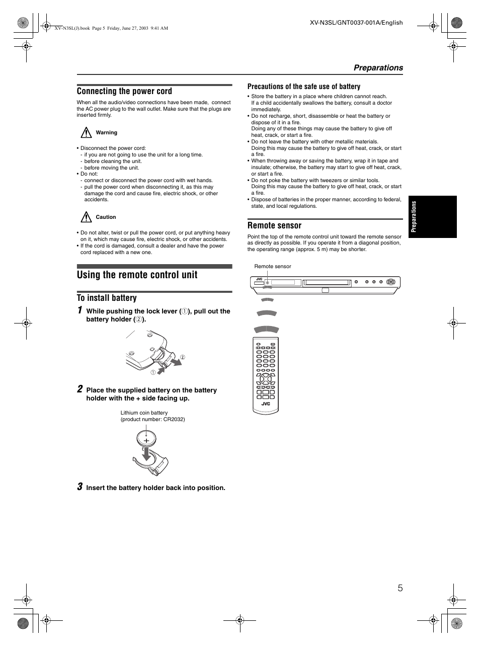 Using the remote control unit, Connecting the power cord, Remote sensor | Preparations | JVC XV-N3SL User Manual | Page 7 / 36