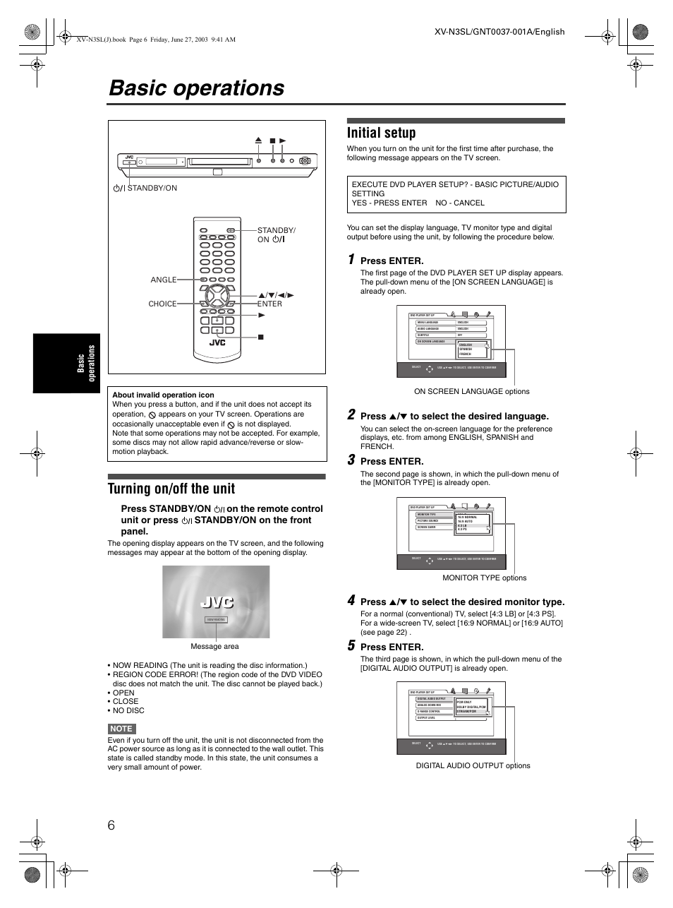 Basic operations, Turning on/off the unit, Initial setup | Press enter, Press 5 / ∞ to select the desired language, Press 5 / ∞ to select the desired monitor type | JVC XV-N3SL User Manual | Page 8 / 36