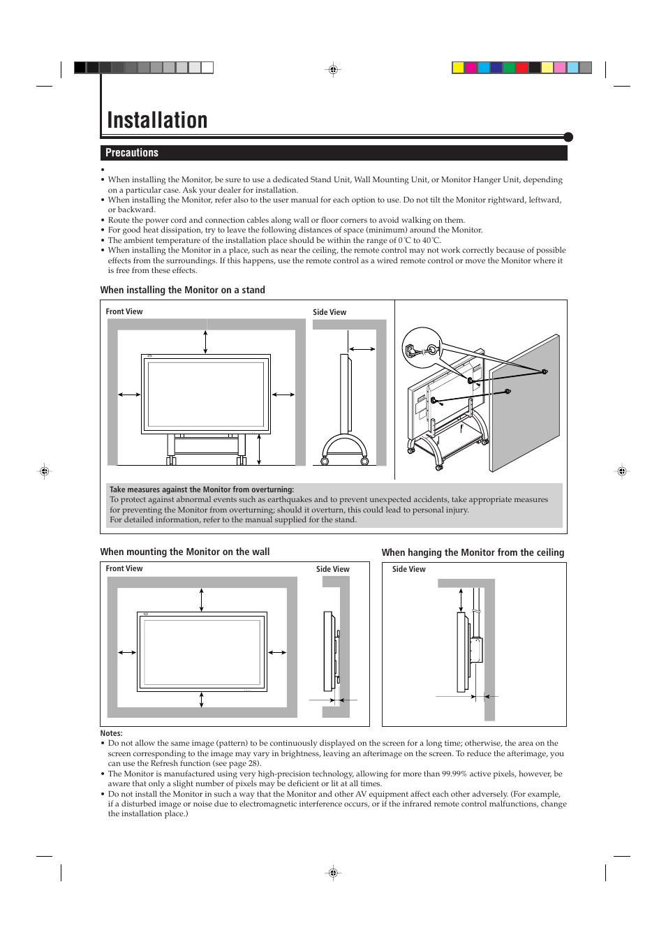 Installation, Precautions, Menu input power | When hanging the monitor from the ceiling | JVC GM-P421U User Manual | Page 11 / 40