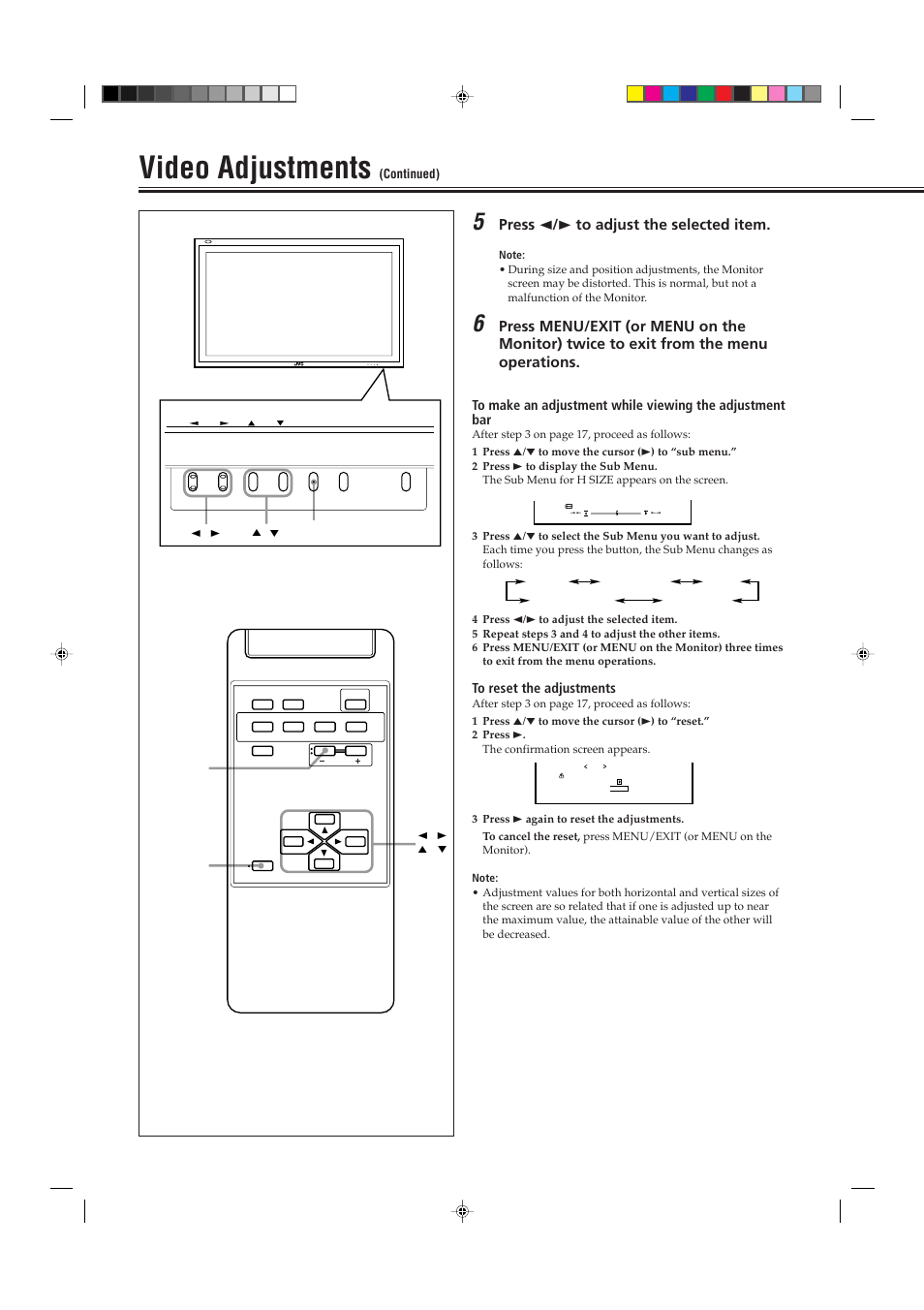 Video adjustments, Press 2 / 3 to adjust the selected item, Menu input power | JVC GM-P421U User Manual | Page 20 / 40