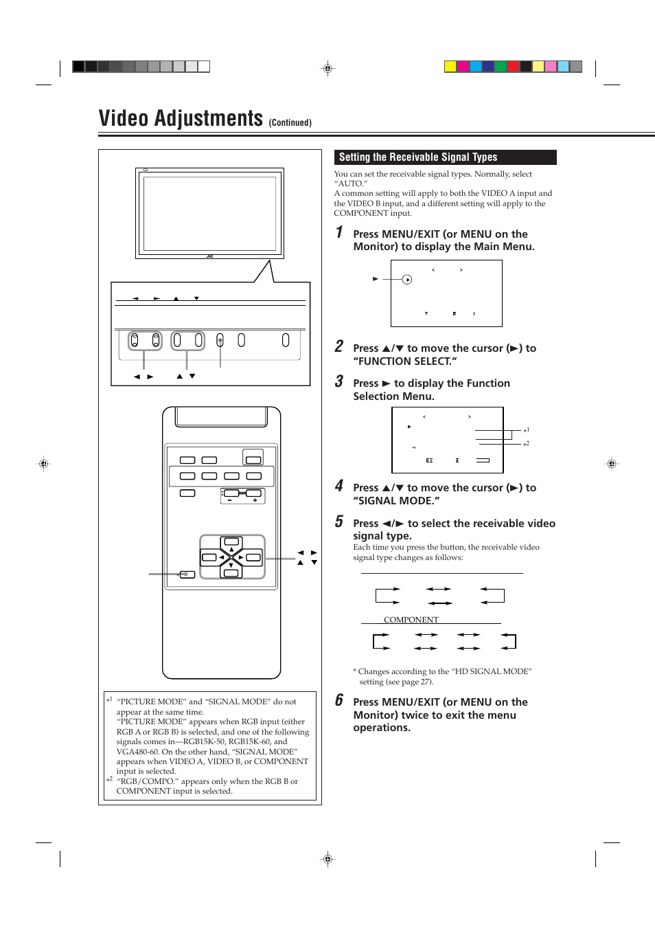 Video adjustments, Setting the receivable signal types, Press 3 to display the function selection menu | JVC GM-P421U User Manual | Page 24 / 40