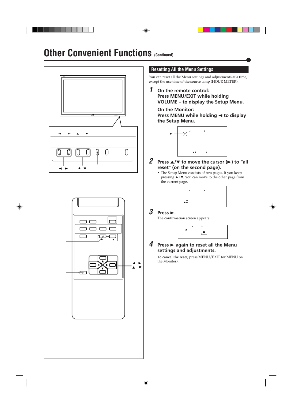 Other convenient functions, Resetting all the menu settings, Press 3 | JVC GM-P421U User Manual | Page 32 / 40