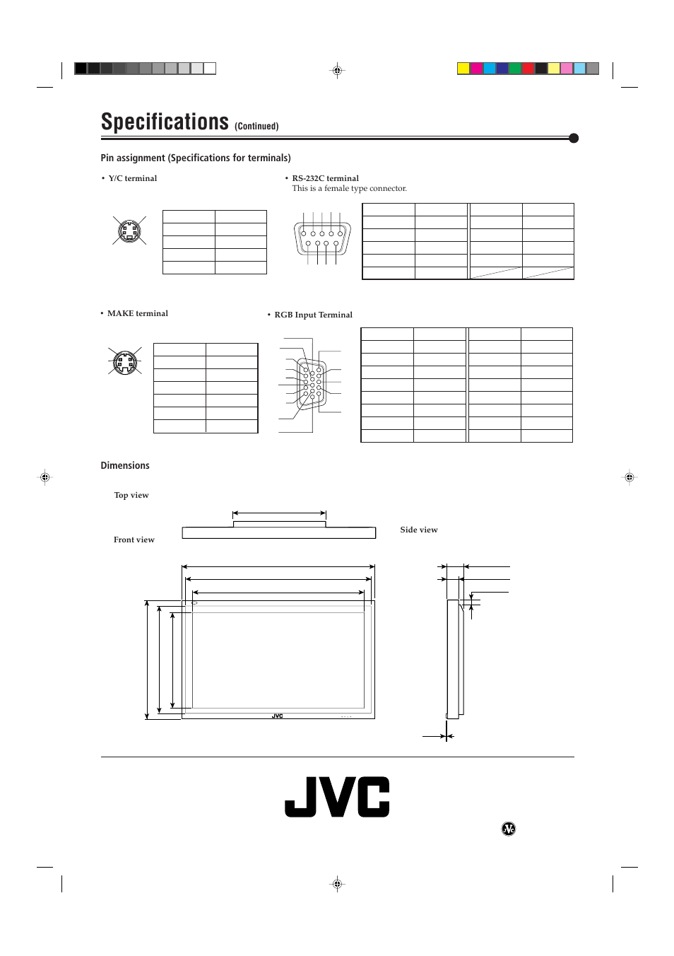 Specifications, Plasma display monitor, Pin assignment (specifications for terminals) | Dimensions, Menu input power | JVC GM-P421U User Manual | Page 40 / 40