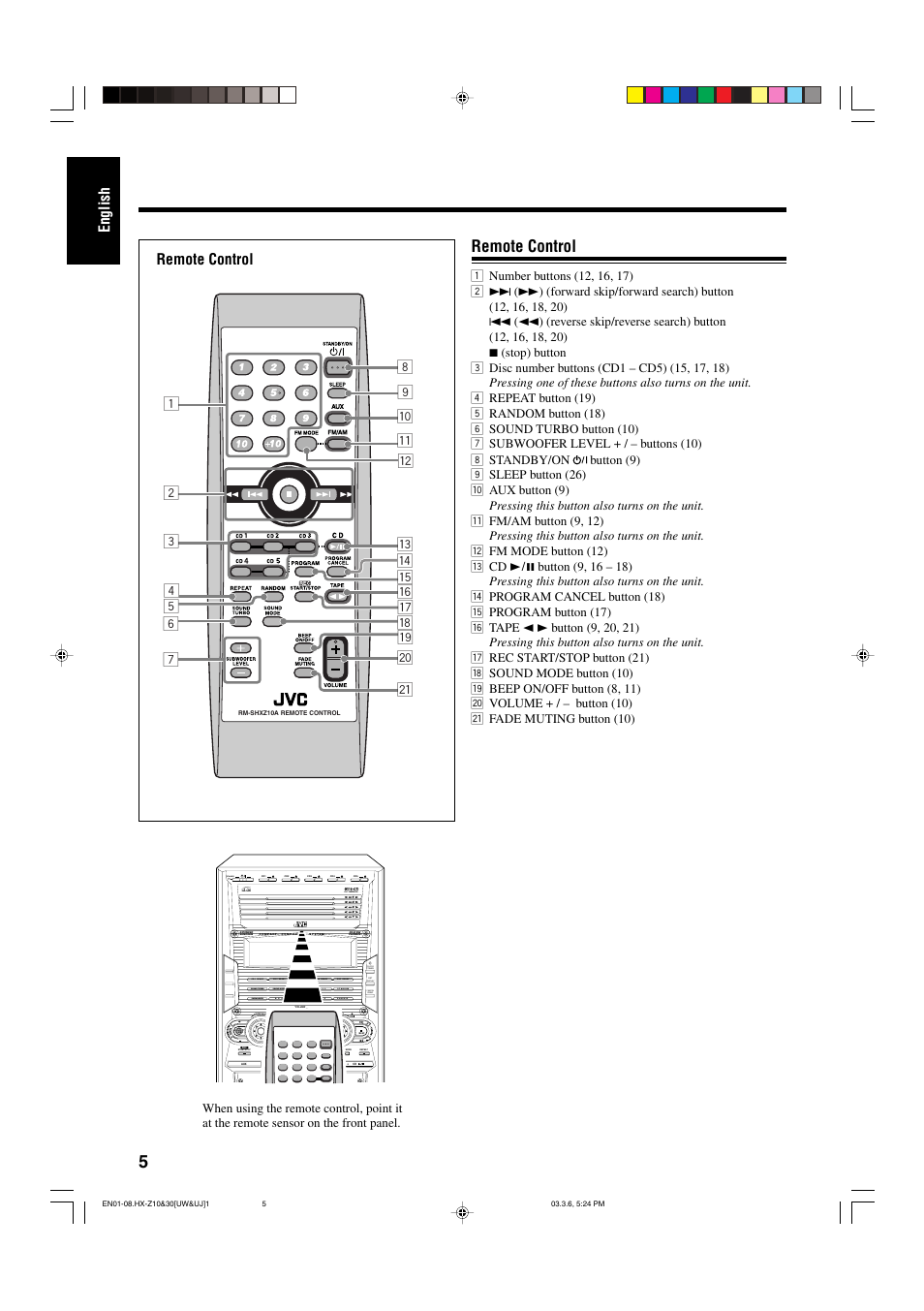 English, Remote control, Compact digital audio | Standby | JVC CA-HXZ30 User Manual | Page 10 / 40