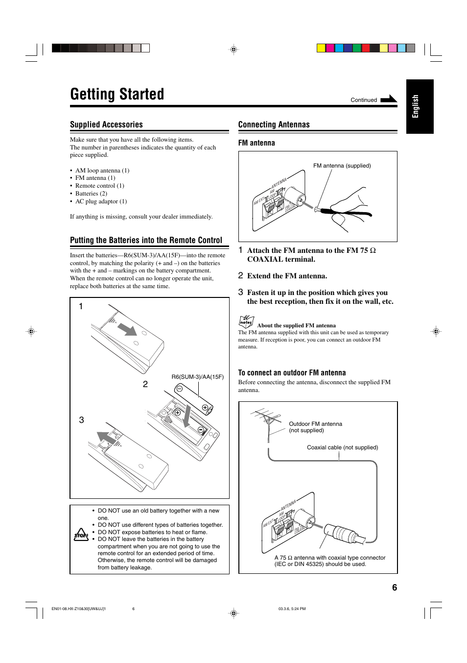 Getting started, Supplied accessories, Putting the batteries into the remote control | Connecting antennas | JVC CA-HXZ30 User Manual | Page 11 / 40