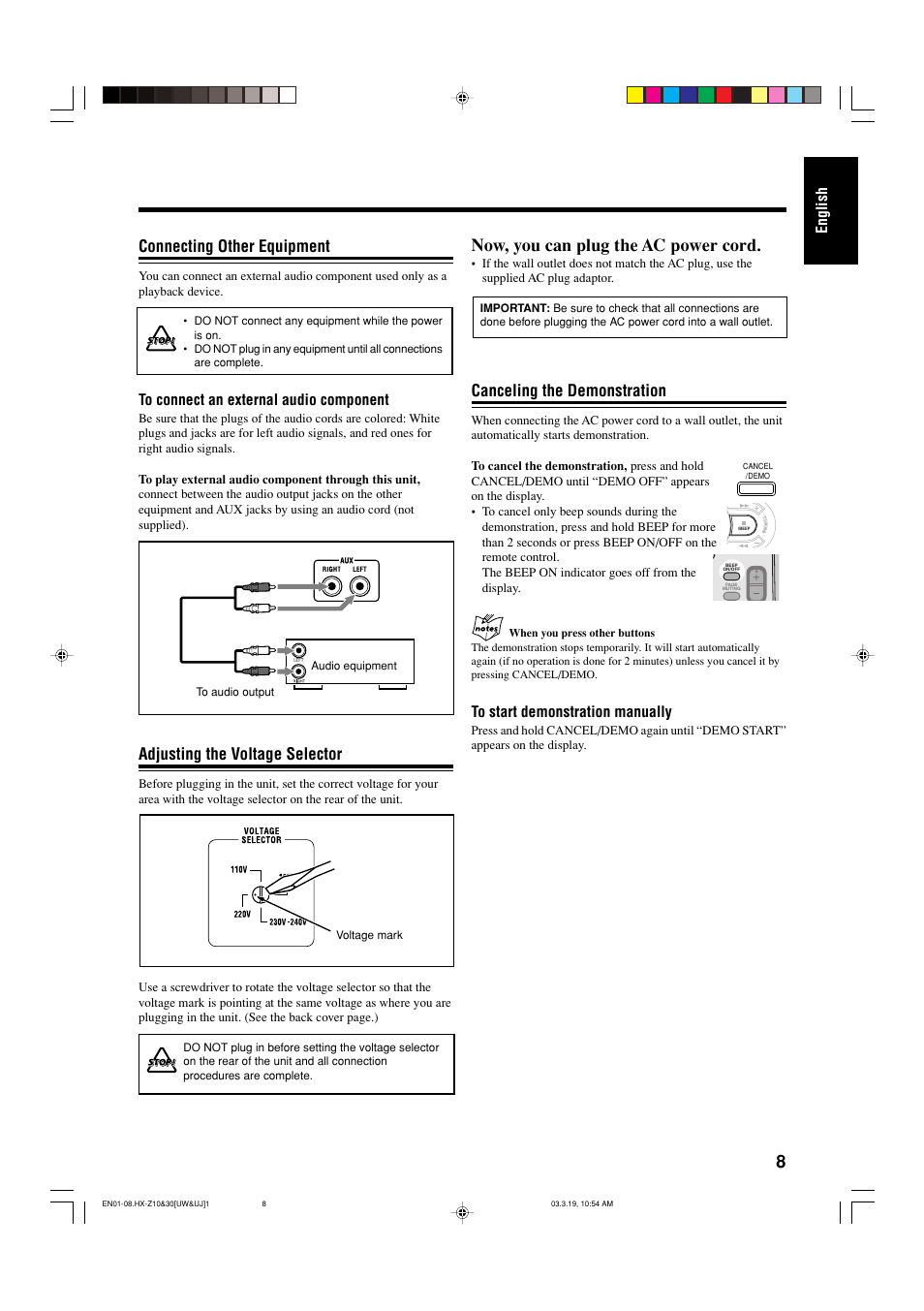 Now, you can plug the ac power cord, Connecting other equipment, Adjusting the voltage selector | Canceling the demonstration, English | JVC CA-HXZ30 User Manual | Page 13 / 40