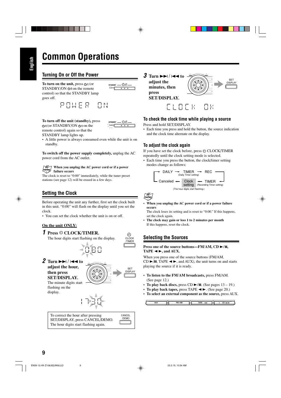 Common operations, Turning on or off the power, Setting the clock | Selecting the sources, English, Press clock/timer | JVC CA-HXZ30 User Manual | Page 14 / 40