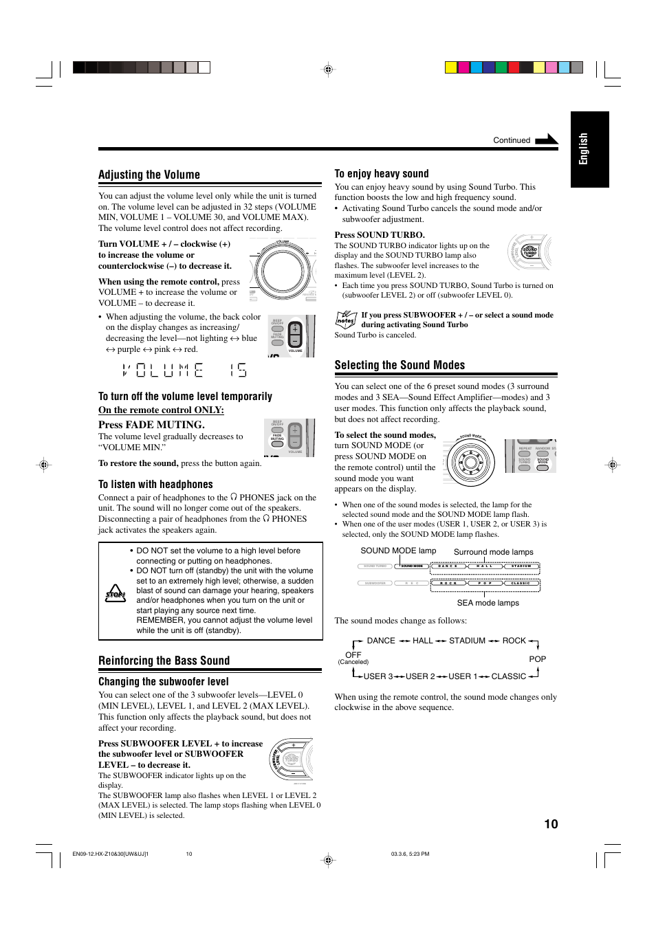 Selecting the sound modes, Adjusting the volume, Reinforcing the bass sound | English to enjoy heavy sound, Press fade muting, Changing the subwoofer level, On the remote control only, Continued, Sea mode lamps sound mode lamp surround mode lamps, Dance off | JVC CA-HXZ30 User Manual | Page 15 / 40