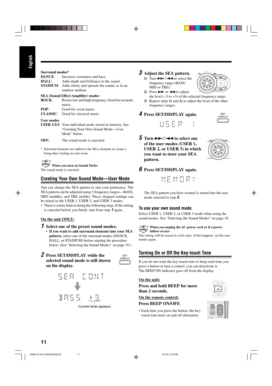 Turning on or off the key-touch tone, Creating your own sound mode—user mode, English | Adjust the sea pattern, Press set/display again, Press and hold beep for more than 2 seconds, Press beep on/off, Select one of the preset sound modes | JVC CA-HXZ30 User Manual | Page 16 / 40