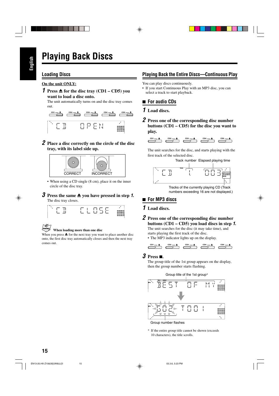 Playing back discs, Loading discs, Playing back the entire discs—continuous play | 7 for audio cds, 7 for mp3 discs | JVC CA-HXZ30 User Manual | Page 20 / 40