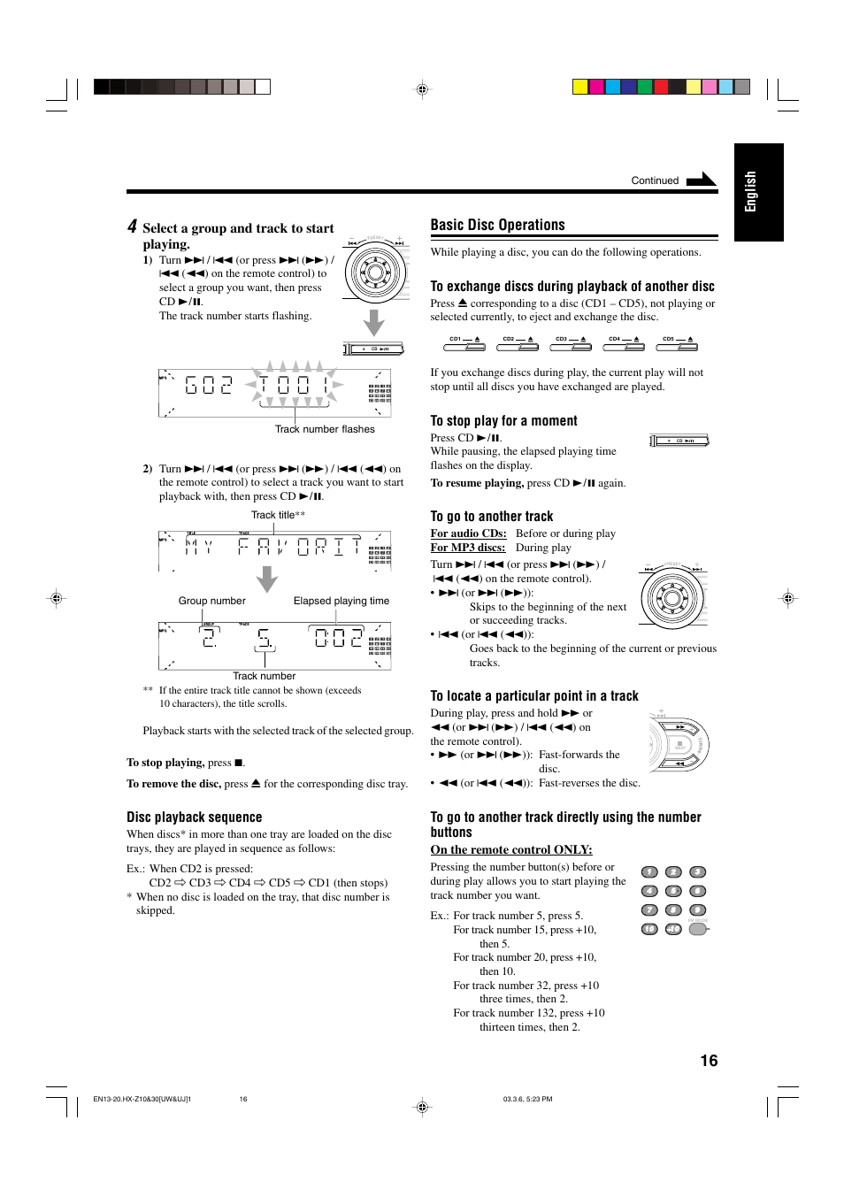 Basic disc operations, English, Select a group and track to start playing | Disc playback sequence | JVC CA-HXZ30 User Manual | Page 21 / 40