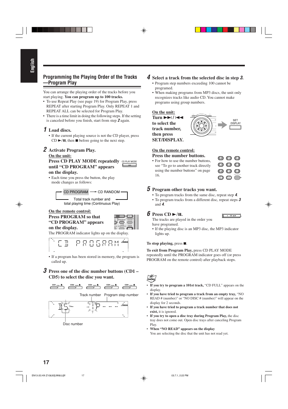 English, Load discs, Activate program play | Select a track from the selected disc in step, Press the number buttons, Program other tracks you want, Press cd 3¥8 | JVC CA-HXZ30 User Manual | Page 22 / 40
