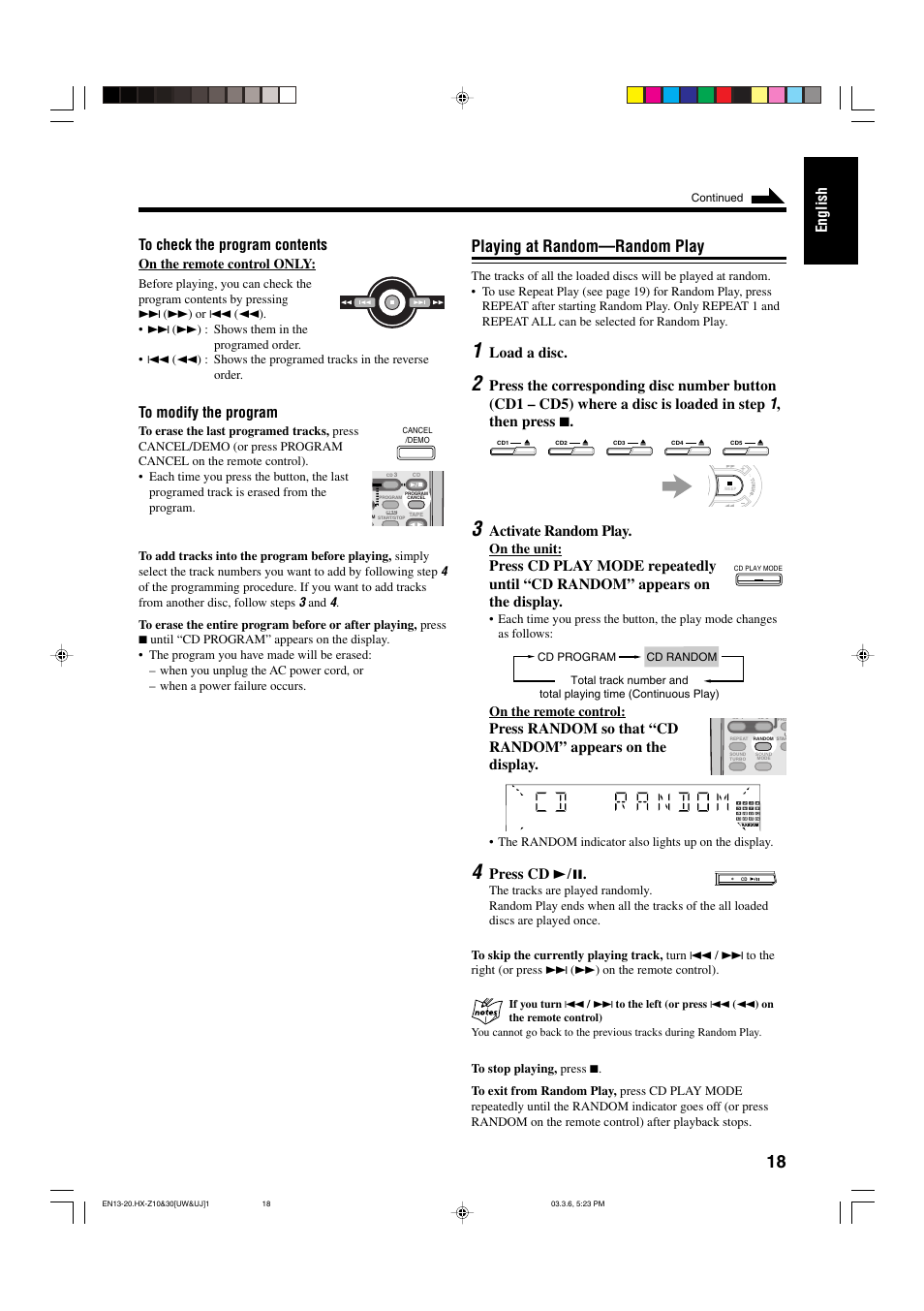 Playing at random—random play, English, Load a disc | Then press 7, Activate random play, Press cd 3¥8, On the remote control only, On the unit, On the remote control | JVC CA-HXZ30 User Manual | Page 23 / 40