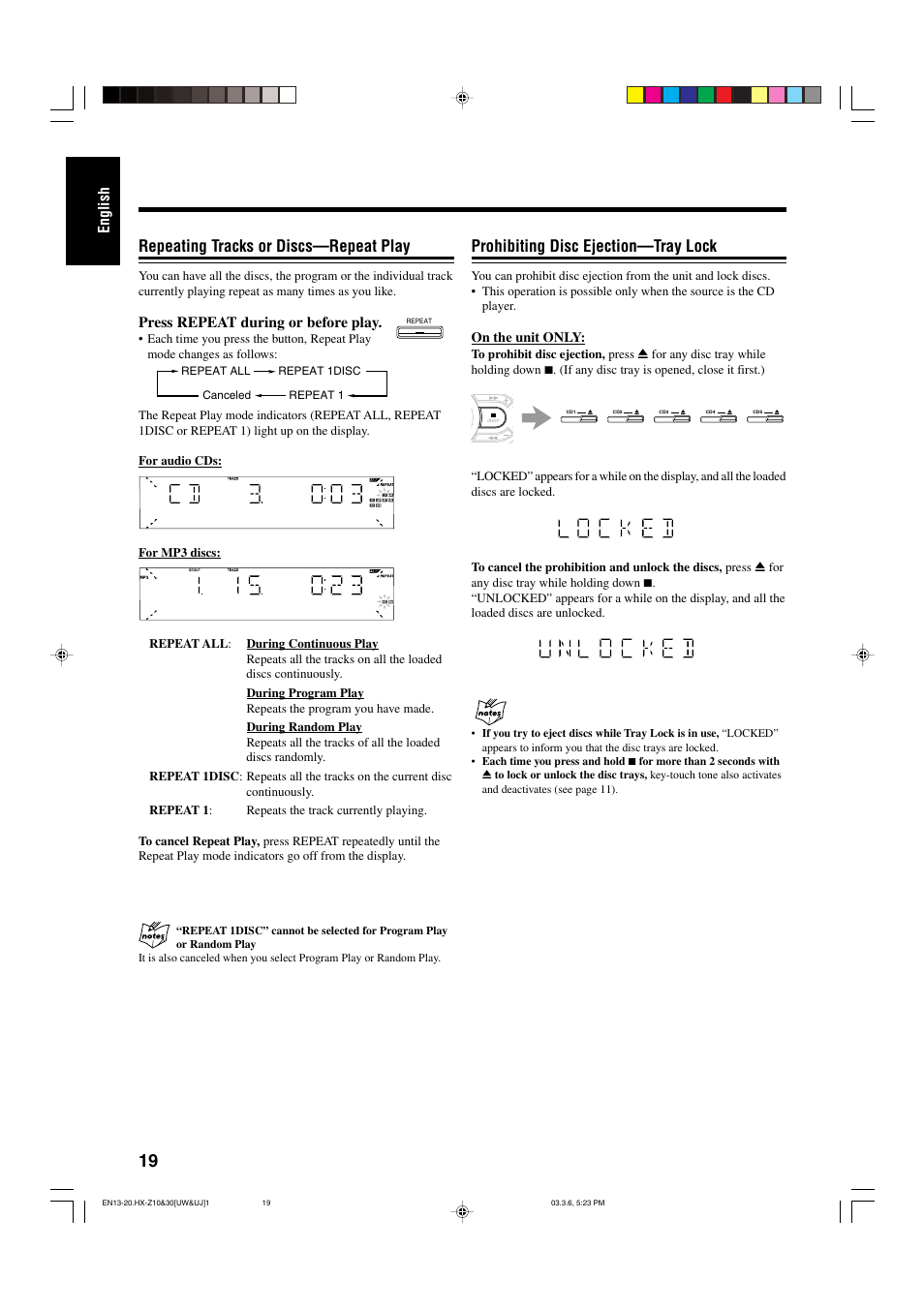 Repeating tracks or discs—repeat play, Prohibiting disc ejection—tray lock, English | Press repeat during or before play | JVC CA-HXZ30 User Manual | Page 24 / 40