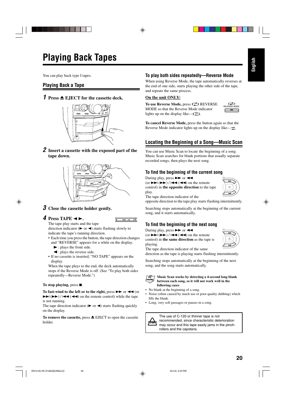 Playing back tapes, Playing back a tape, Locating the beginning of a song—music scan | JVC CA-HXZ30 User Manual | Page 25 / 40