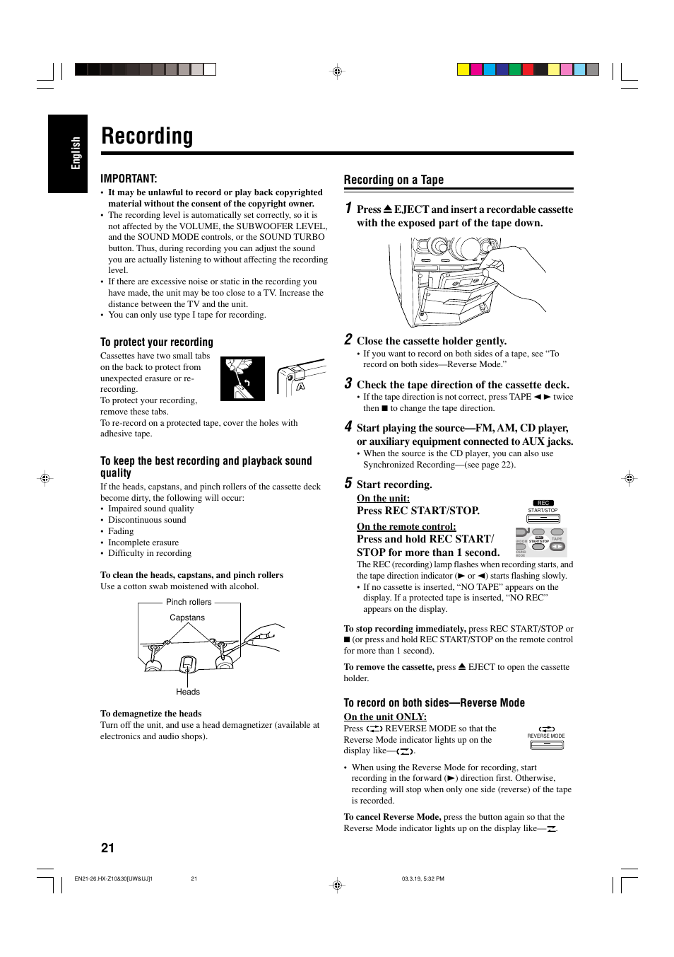 Recording, Recording on a tape | JVC CA-HXZ30 User Manual | Page 26 / 40