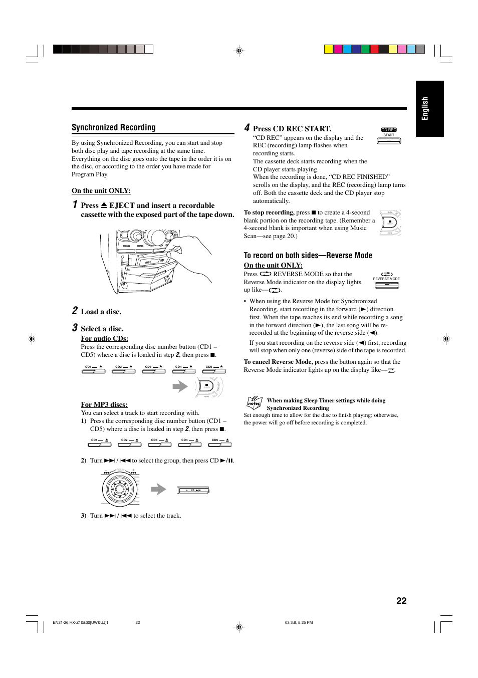 Synchronized recording, English, Load a disc | Select a disc, Press cd rec start, On the unit only, For audio cds, For mp3 discs | JVC CA-HXZ30 User Manual | Page 27 / 40