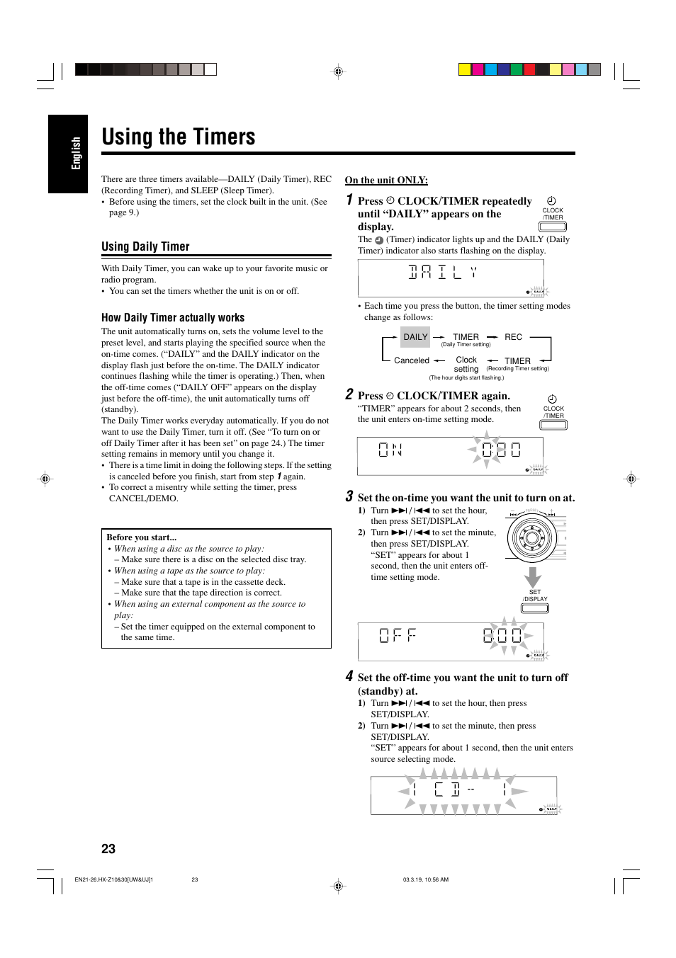 Using the timers, Using daily timer | JVC CA-HXZ30 User Manual | Page 28 / 40