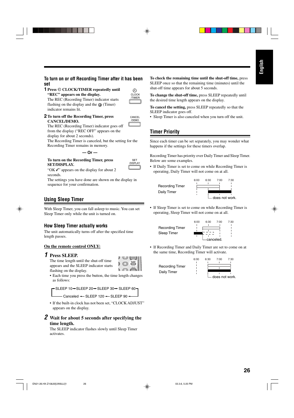 Using sleep timer, Timer priority | JVC CA-HXZ30 User Manual | Page 31 / 40