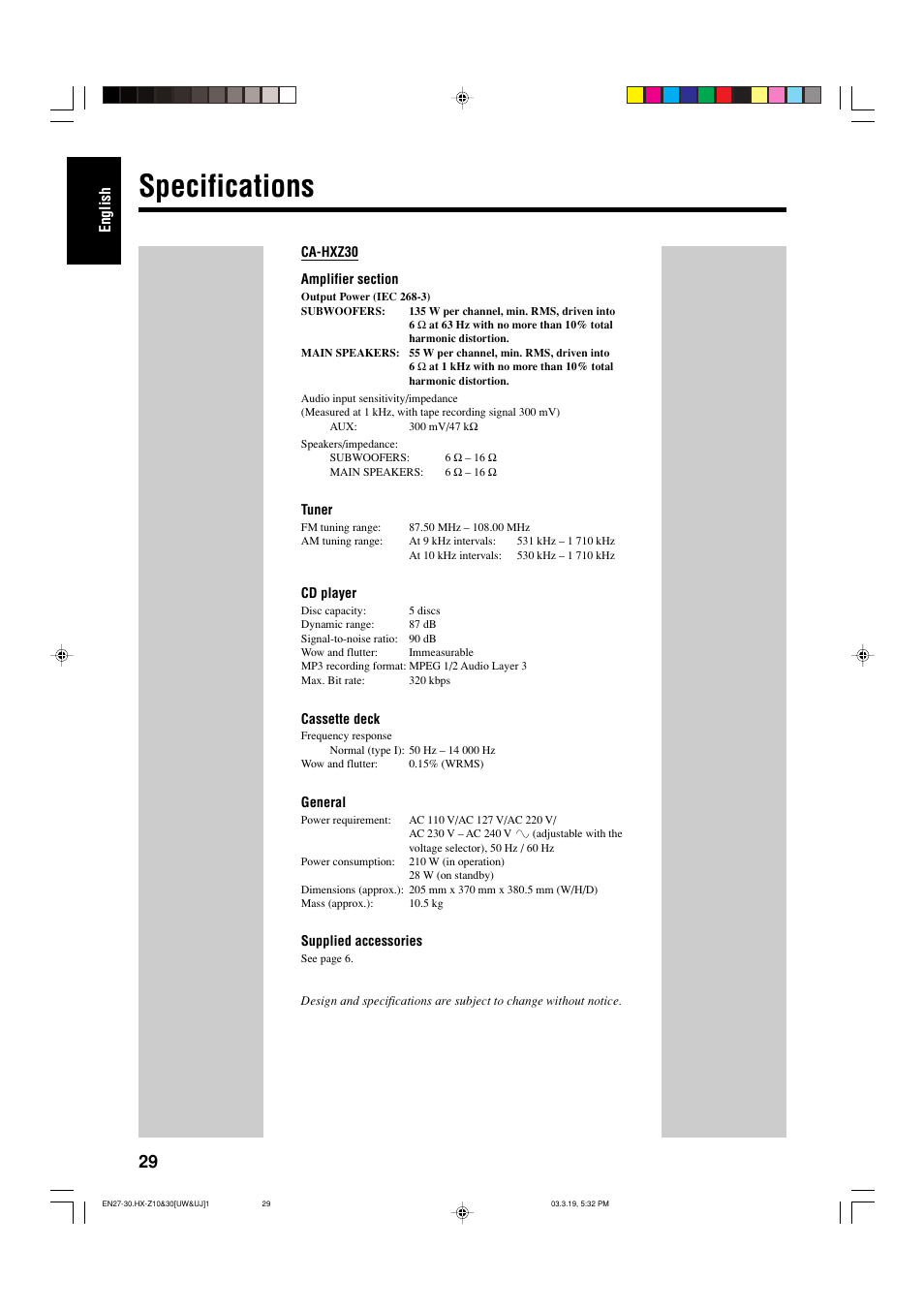 Specifications | JVC CA-HXZ30 User Manual | Page 34 / 40