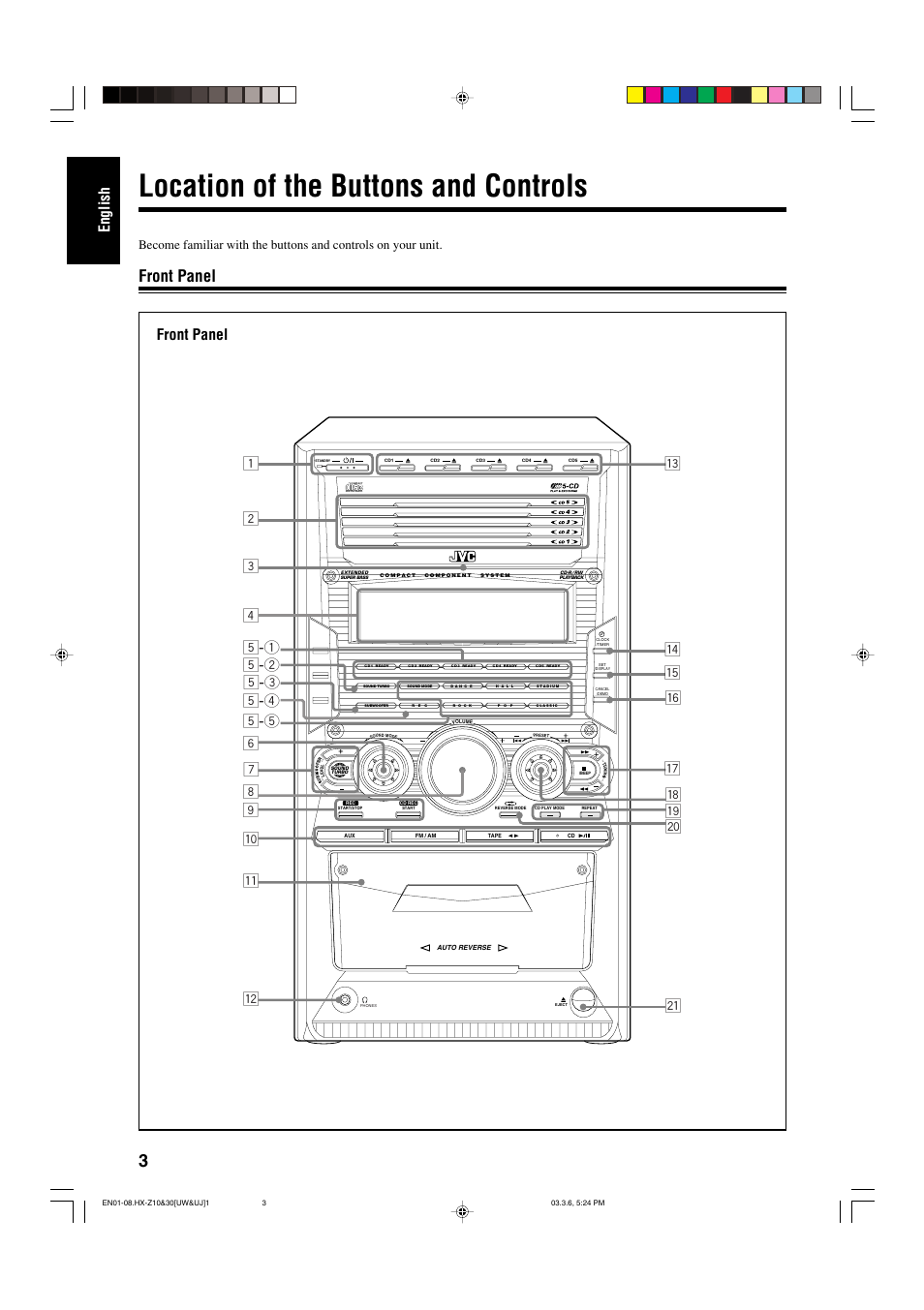 Location of the buttons and controls, Front panel, English | JVC CA-HXZ30 User Manual | Page 8 / 40