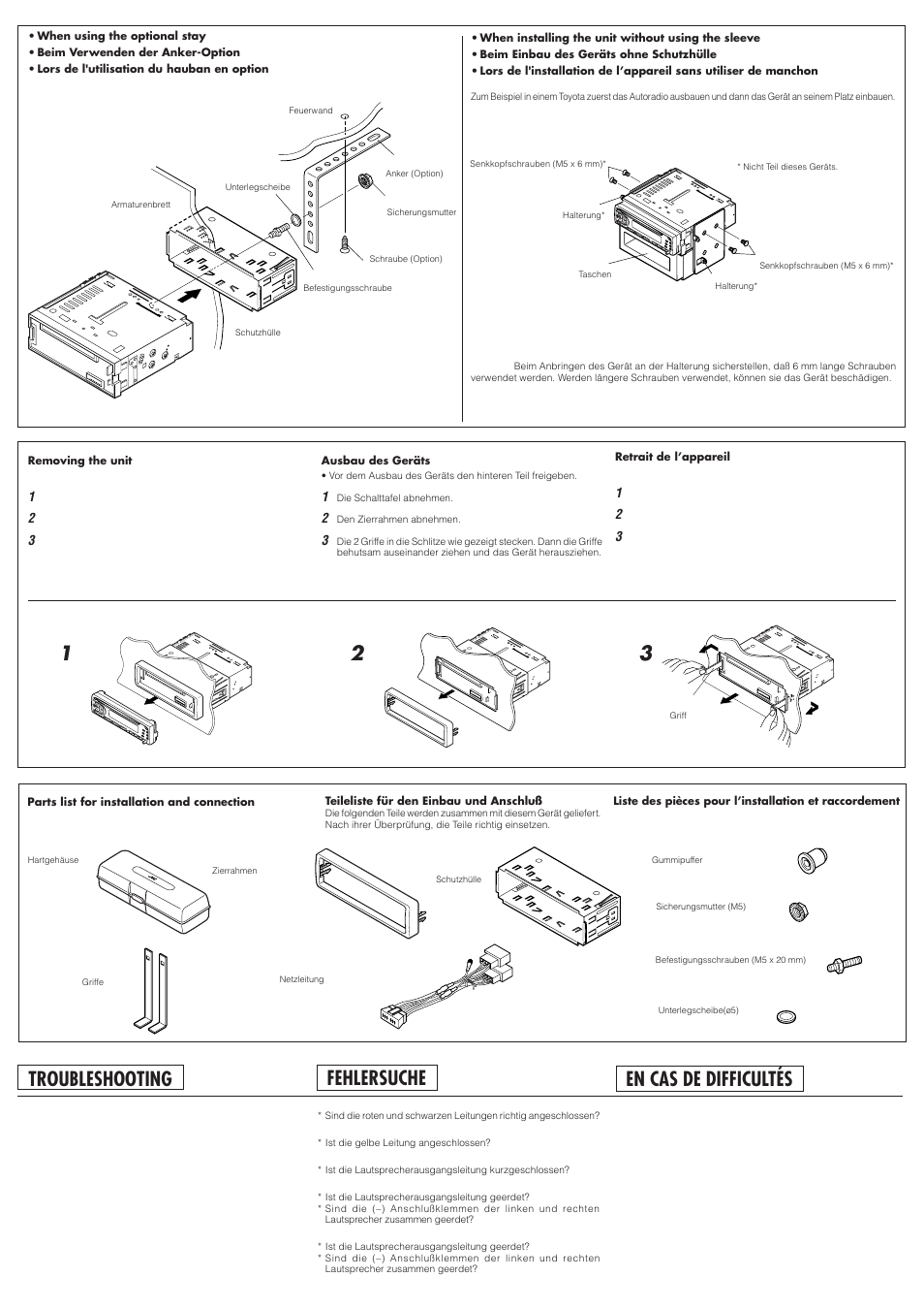 En cas de difficultés, Troubleshooting, Fehlersuche | JVC FSUN KD-S636 User Manual | Page 2 / 4