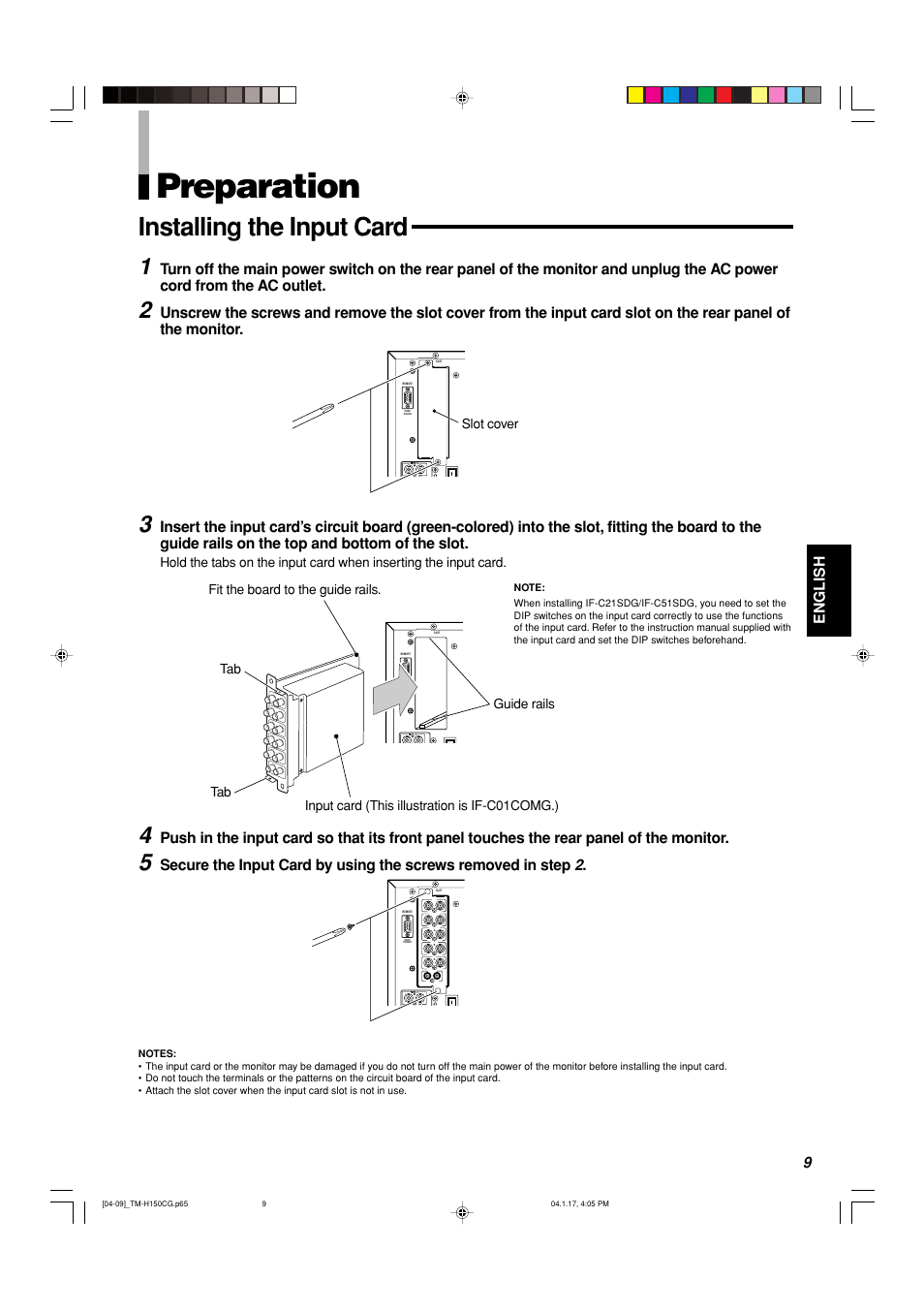 Preparation, Installing the input card | JVC TM-H150CG User Manual | Page 10 / 21