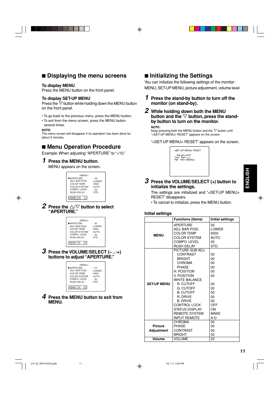 7 displaying the menu screens, 7 menu operation procedure, 7 initializing the settings | JVC TM-H150CG User Manual | Page 12 / 21