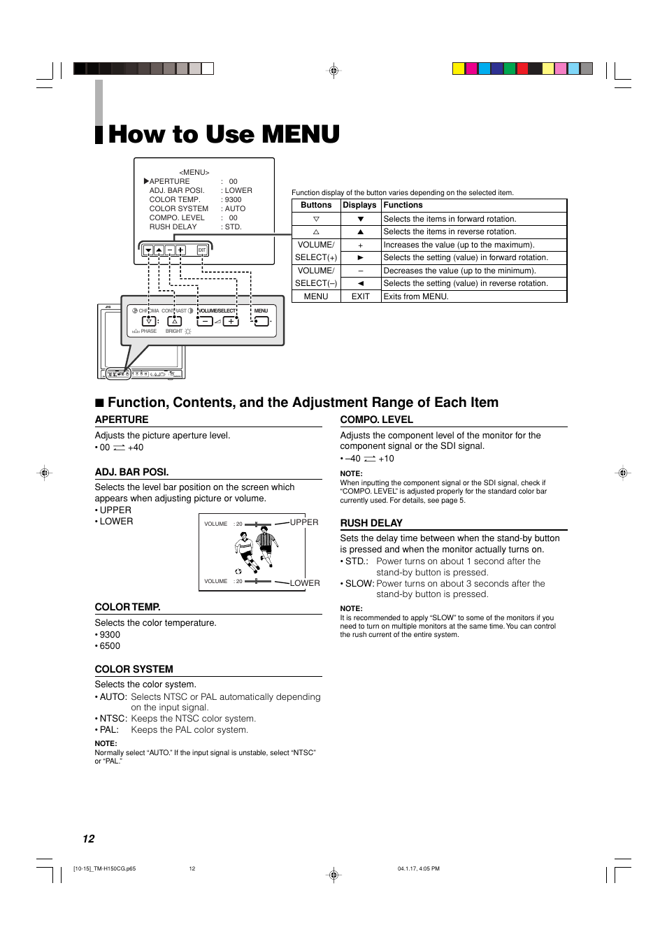 How to use menu | JVC TM-H150CG User Manual | Page 13 / 21