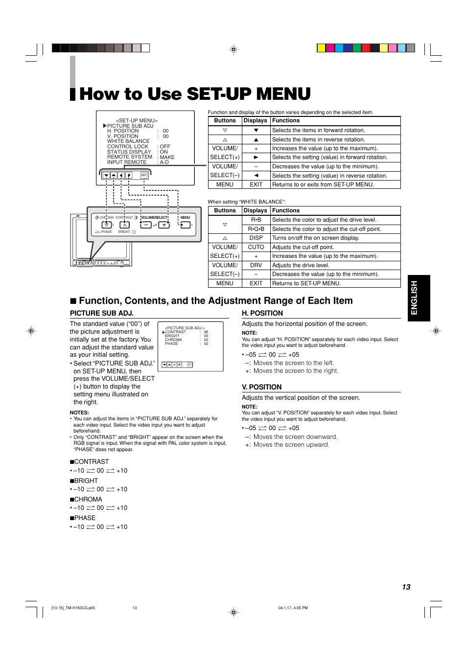 How to use set-up menu, English | JVC TM-H150CG User Manual | Page 14 / 21