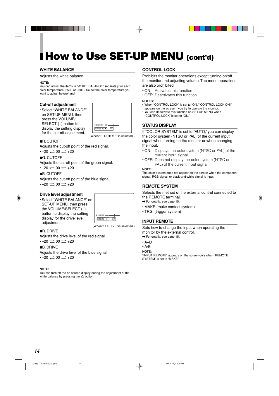 How to use set-up menu, Cont’d) | JVC TM-H150CG User Manual | Page 15 / 21