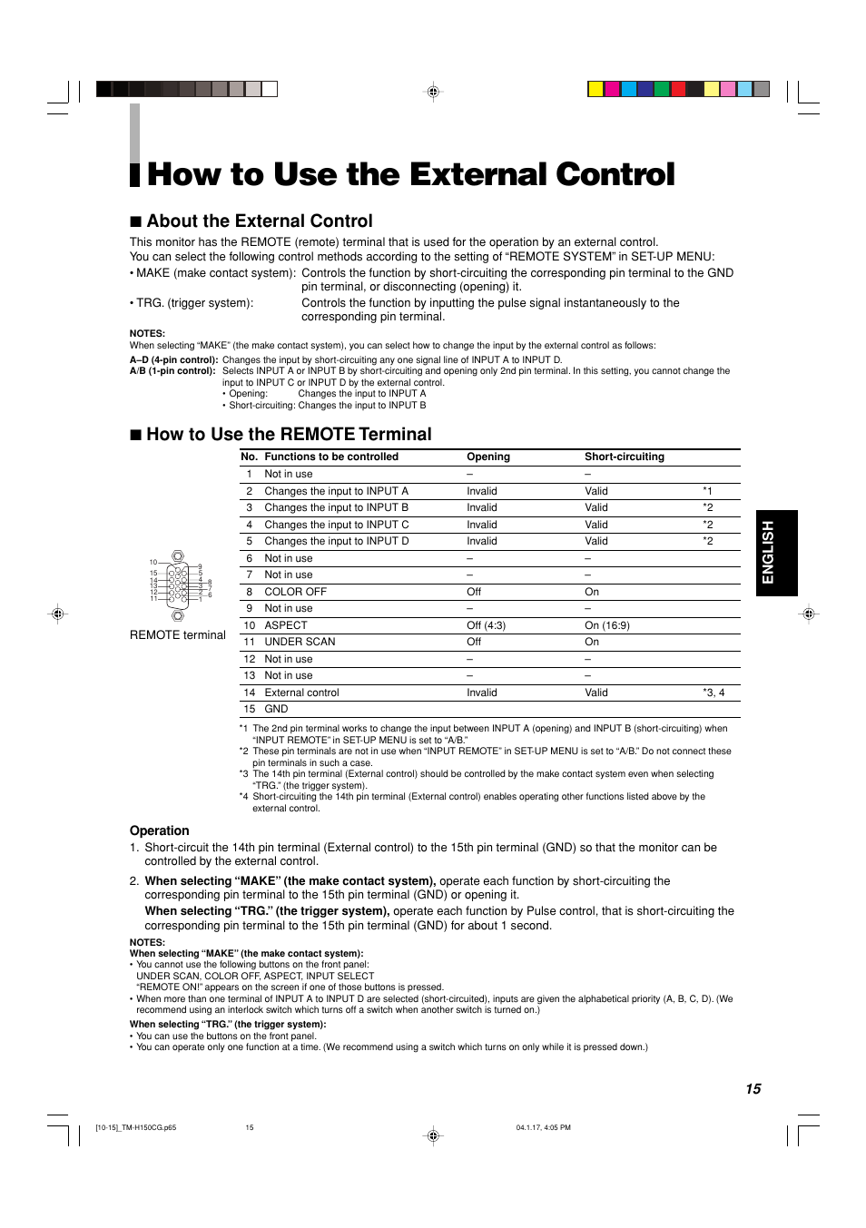 How to use the external control, 7 about the external control, 7 how to use the remote terminal | English | JVC TM-H150CG User Manual | Page 16 / 21