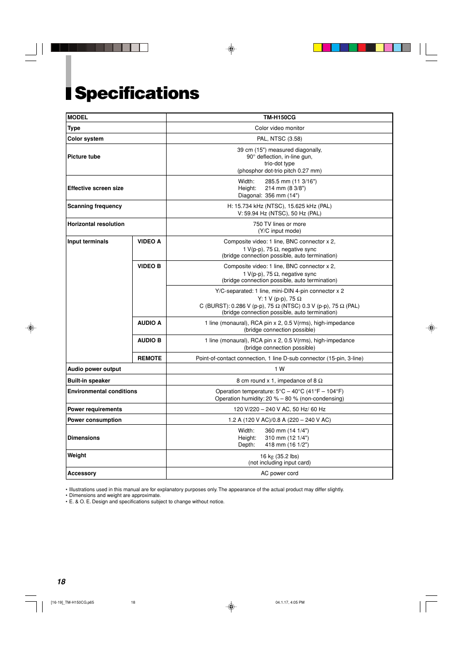 Specifications | JVC TM-H150CG User Manual | Page 19 / 21