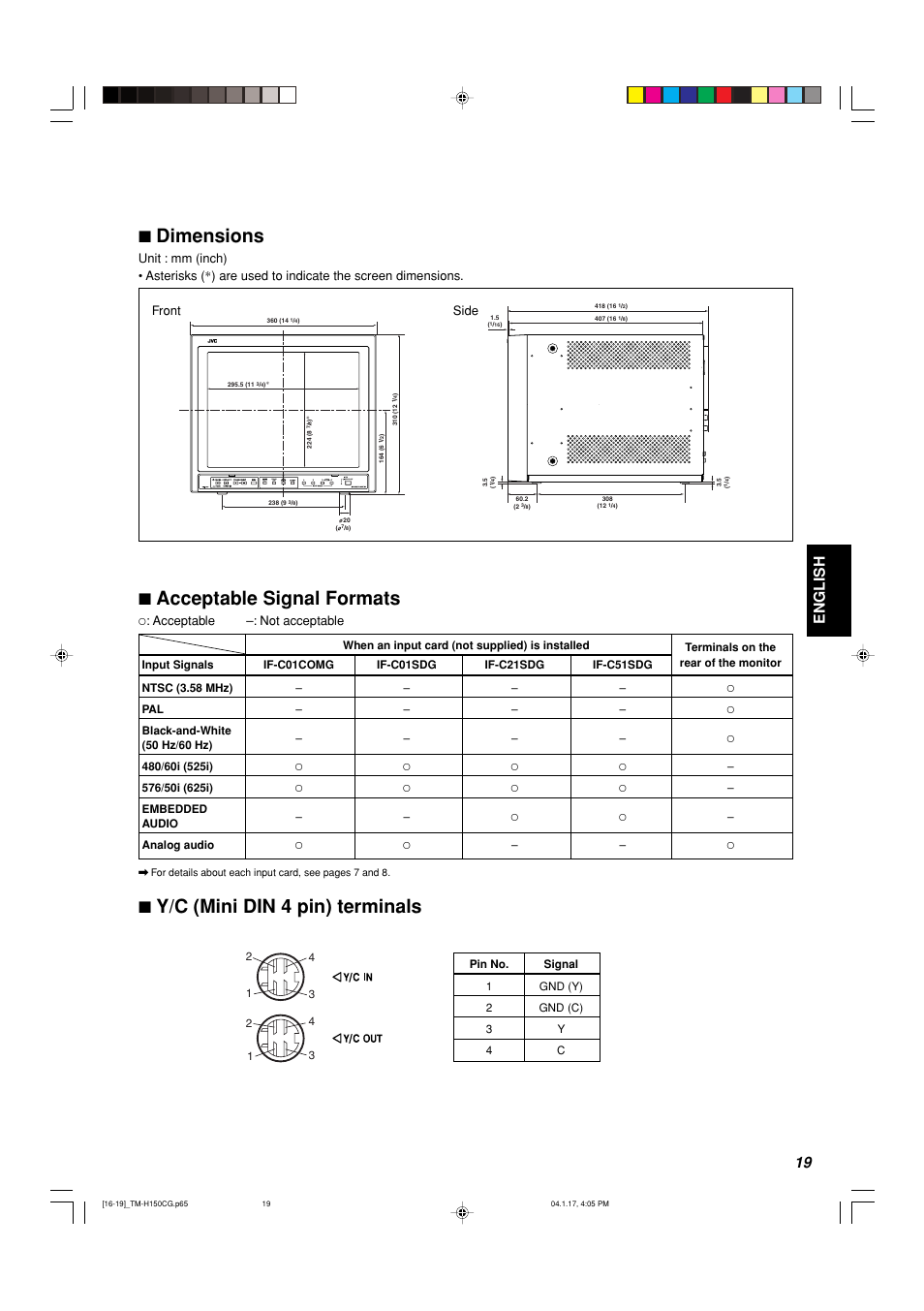 7 dimensions, 7 acceptable signal formats, 7 y/c (mini din 4 pin) terminals | English, Acceptable –: not acceptable | JVC TM-H150CG User Manual | Page 20 / 21
