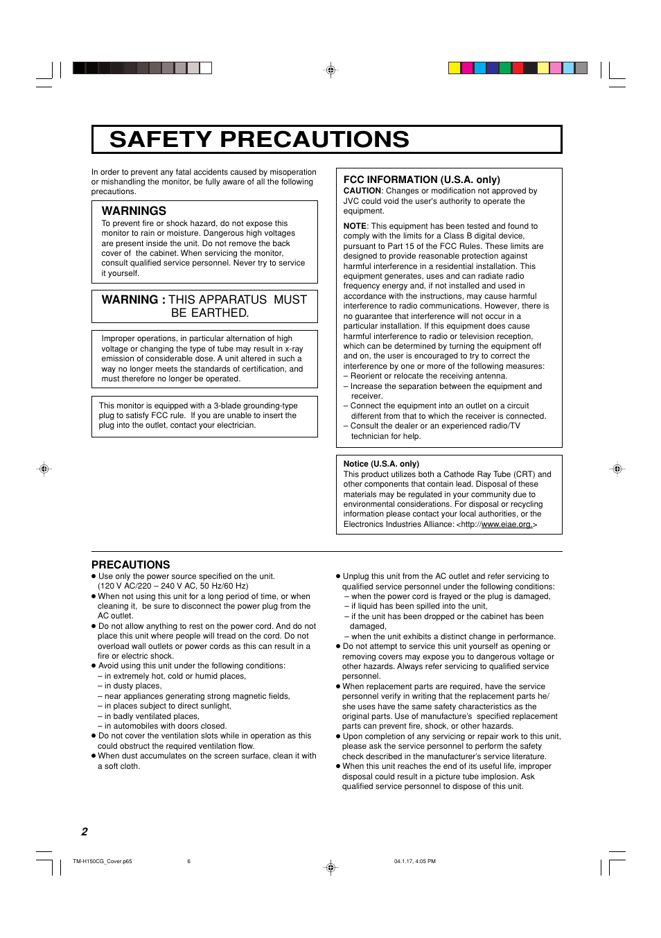 Safety precautions, Warnings, Warning : this apparatus must be earthed | JVC TM-H150CG User Manual | Page 3 / 21