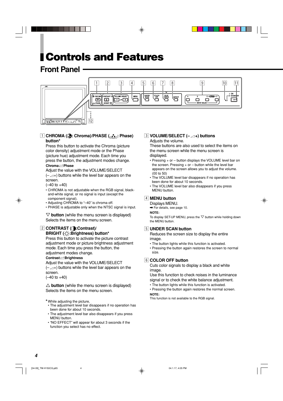 Controls and features, Front panel | JVC TM-H150CG User Manual | Page 5 / 21