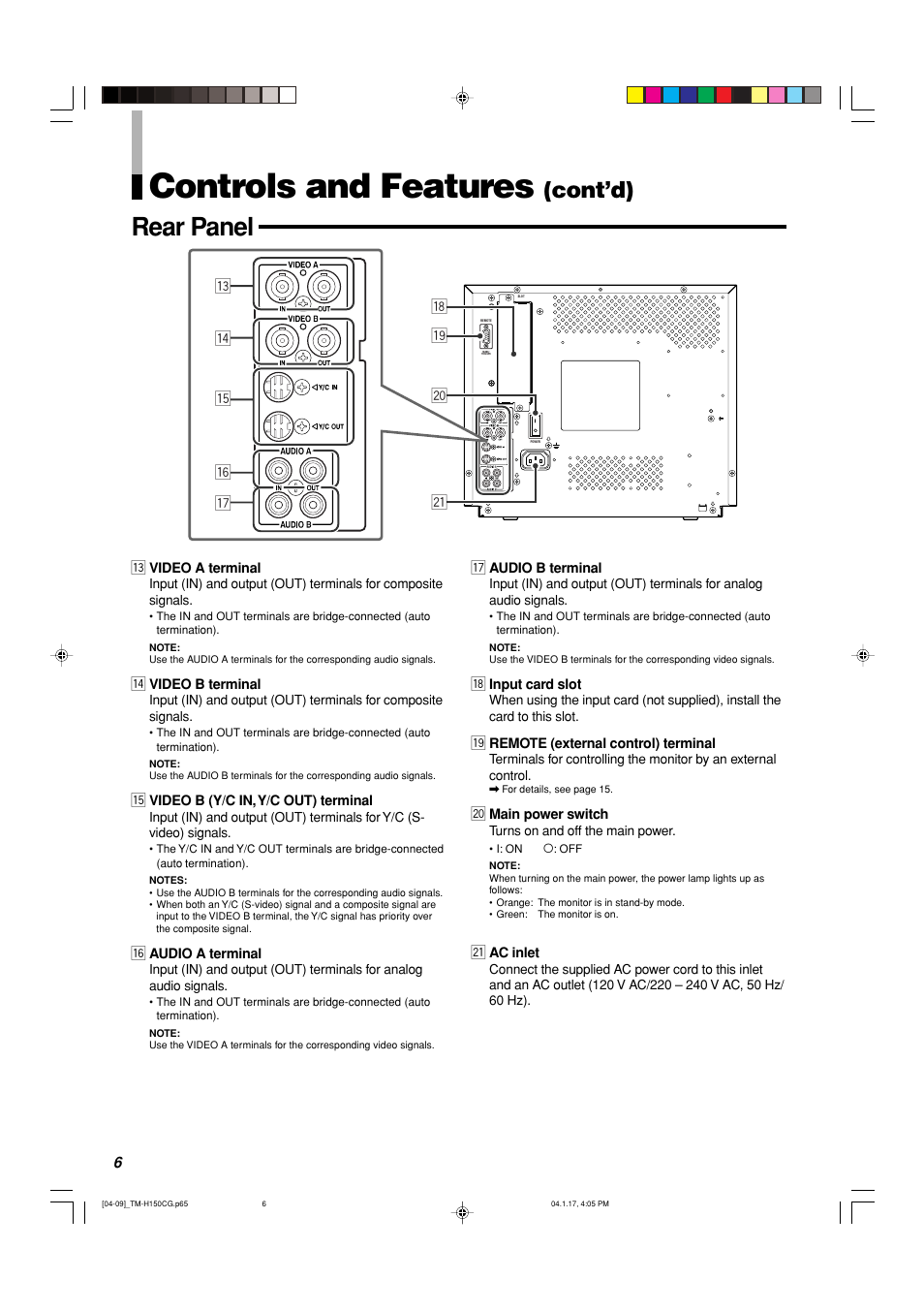 Rear panel, Controls and features, Cont’d) | JVC TM-H150CG User Manual | Page 7 / 21