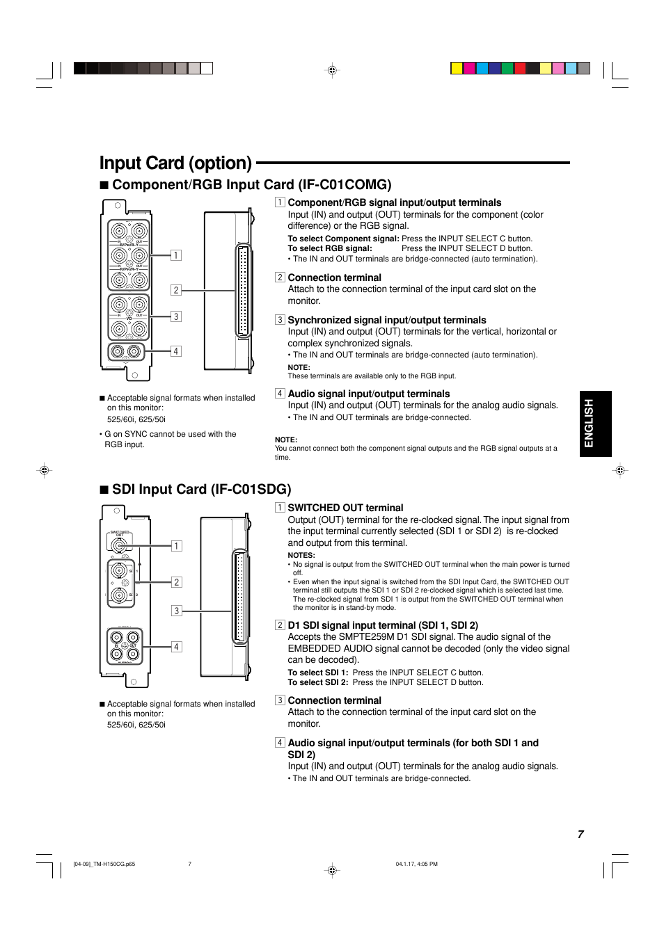 Input card (option), 7 component/rgb input card (if-c01comg), 7 sdi input card (if-c01sdg) | English, Switched out terminal, D1 sdi signal input terminal (sdi 1, sdi 2), Connection terminal, Component/rgb signal input/output terminals, Synchronized signal input/output terminals, Audio signal input/output terminals | JVC TM-H150CG User Manual | Page 8 / 21