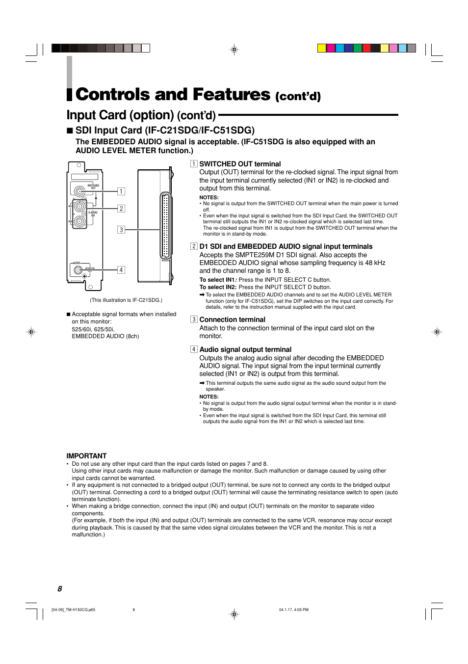 Controls and features, Input card (option), Cont’d) | JVC TM-H150CG User Manual | Page 9 / 21